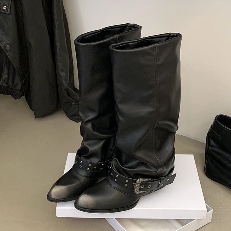 Eilyken New Fashion Pointed Toe Women Knee-High Boots Punk Design Style Splicing Belt Buckle Square Low Heels Shoes