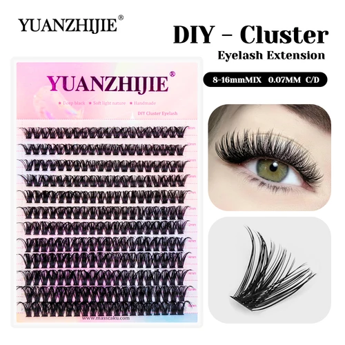 Nueva llegada YUANZHIJIE 0,07mm de espesor pestañas postizas esponjosas de seda efecto 3D pestañas de racimos DIY hechas a mano en Stock
