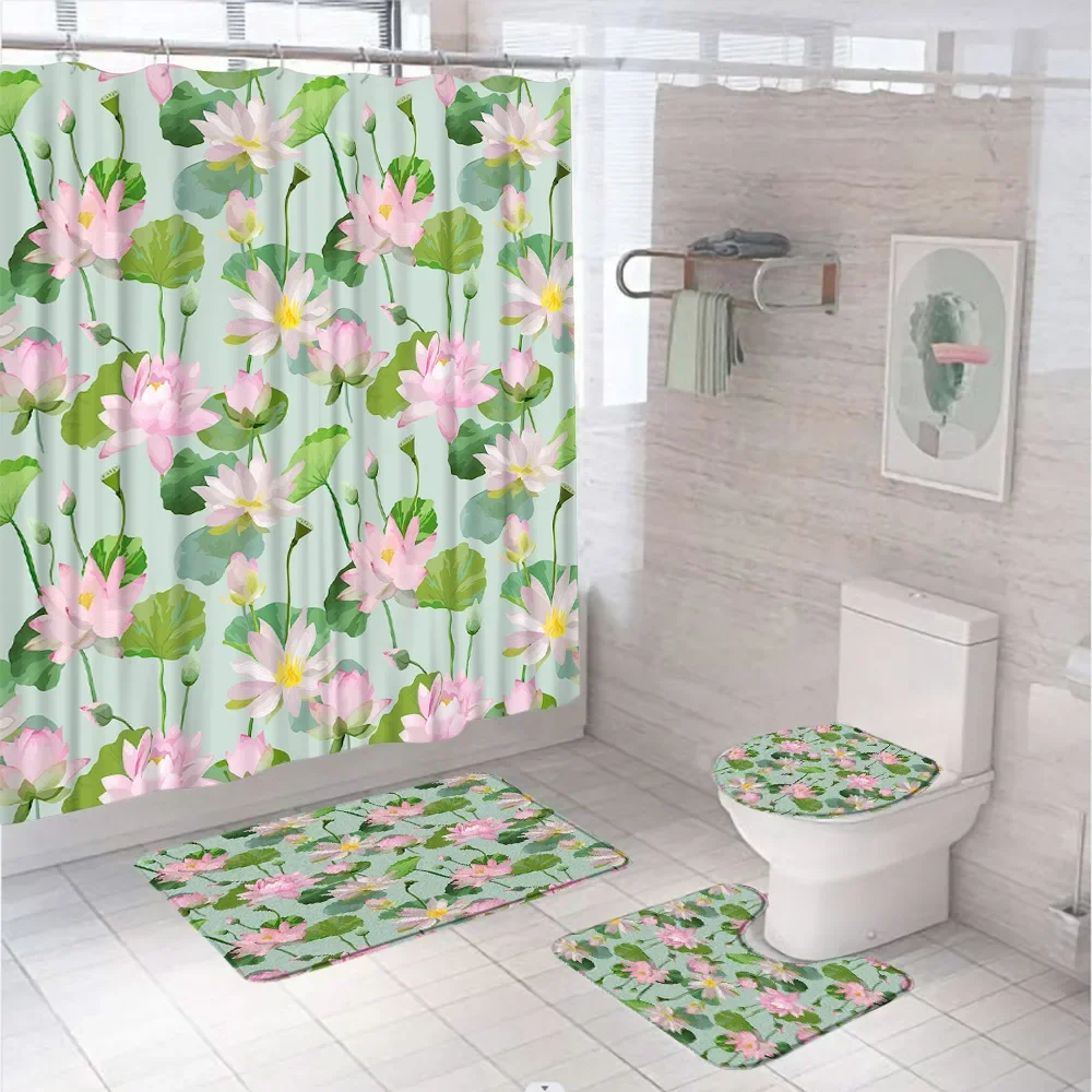 Lotus Green Leaves Shower Curtain Set Summer Flower Pond Scenery Fabric Bathroom Curtains Non-Slip Bath Mat Rug Lid Toilet Cover