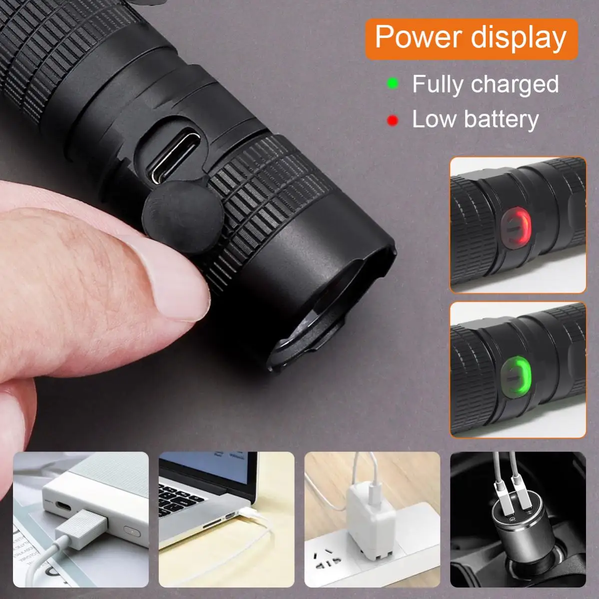 Zoomable LED Flashlight USB Rechargeable Waterproof Flashlight Power Indicator for Outdoor Camping EDC LED Flash Light Torch
