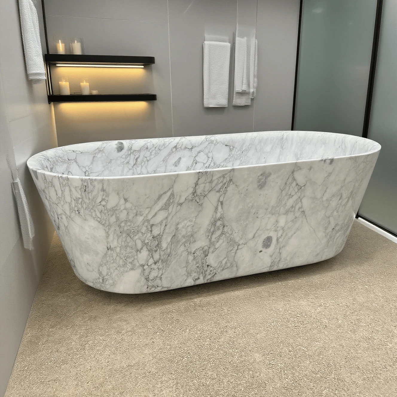 

Luxurious Natural White Veined Marble Soaking Bathtub Freestanding Solid Stone Bathroom Bathtub
