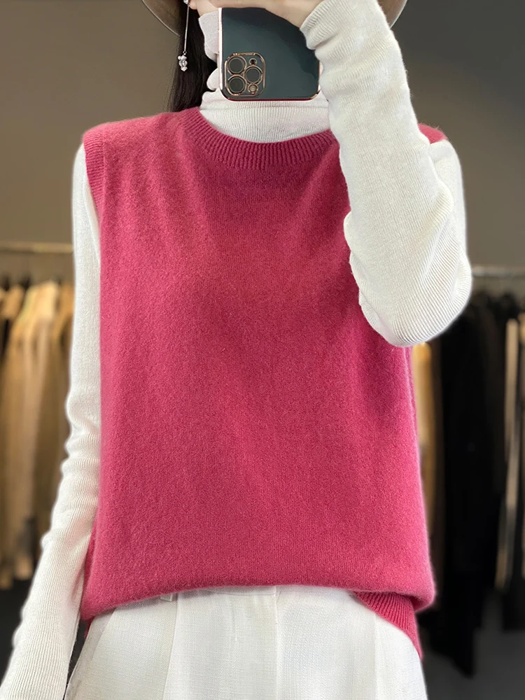 Women's Australian Woolen O-Neck Collar Vest, Solid Color Knit Pullover,Versatile Knitted Vest,Fashion Tops,Soft and Comfortable