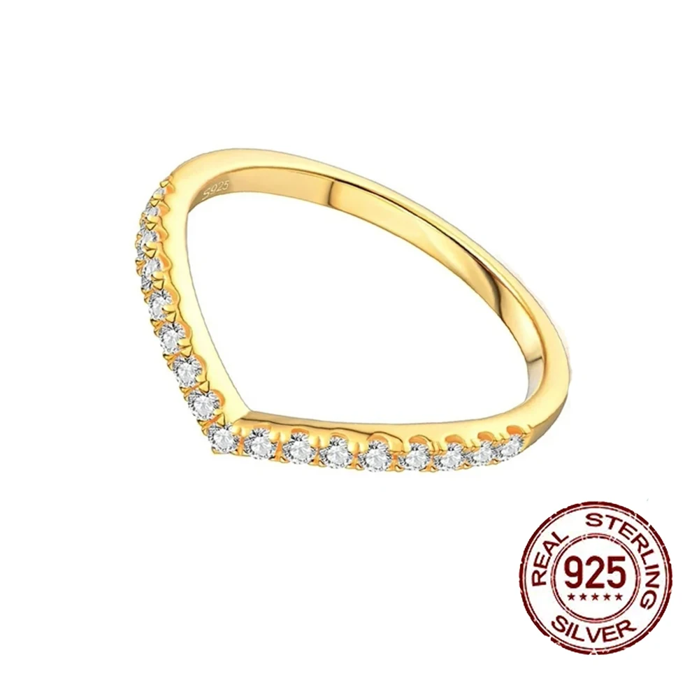 QooLady Trendy S925 Gold Color Cubic Zirconia V Shape Finger Ring Stackable Women Wedding Engagement Fine Female Jewelry SR013