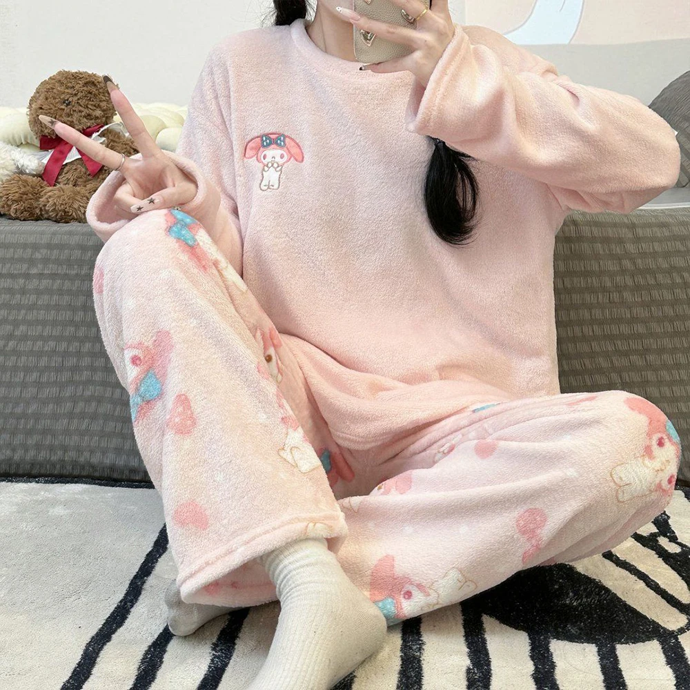 Sanrio Pompom Purin Winter Pajamas Y2K Kawaii Cartoon Women's Warm Sleepwear Pant Long Sleeve Nightwear Flannel Home Clothes New view 5