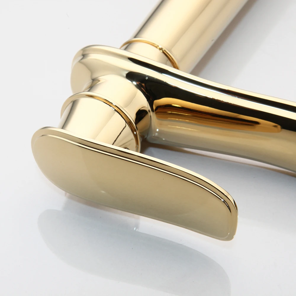YANKSAMRT Modern Luxury Gold Plated Long Solid Brass Bathroom Basin Sink Faucets Golden Polished Deck Mounted Faucet Mixer Tap