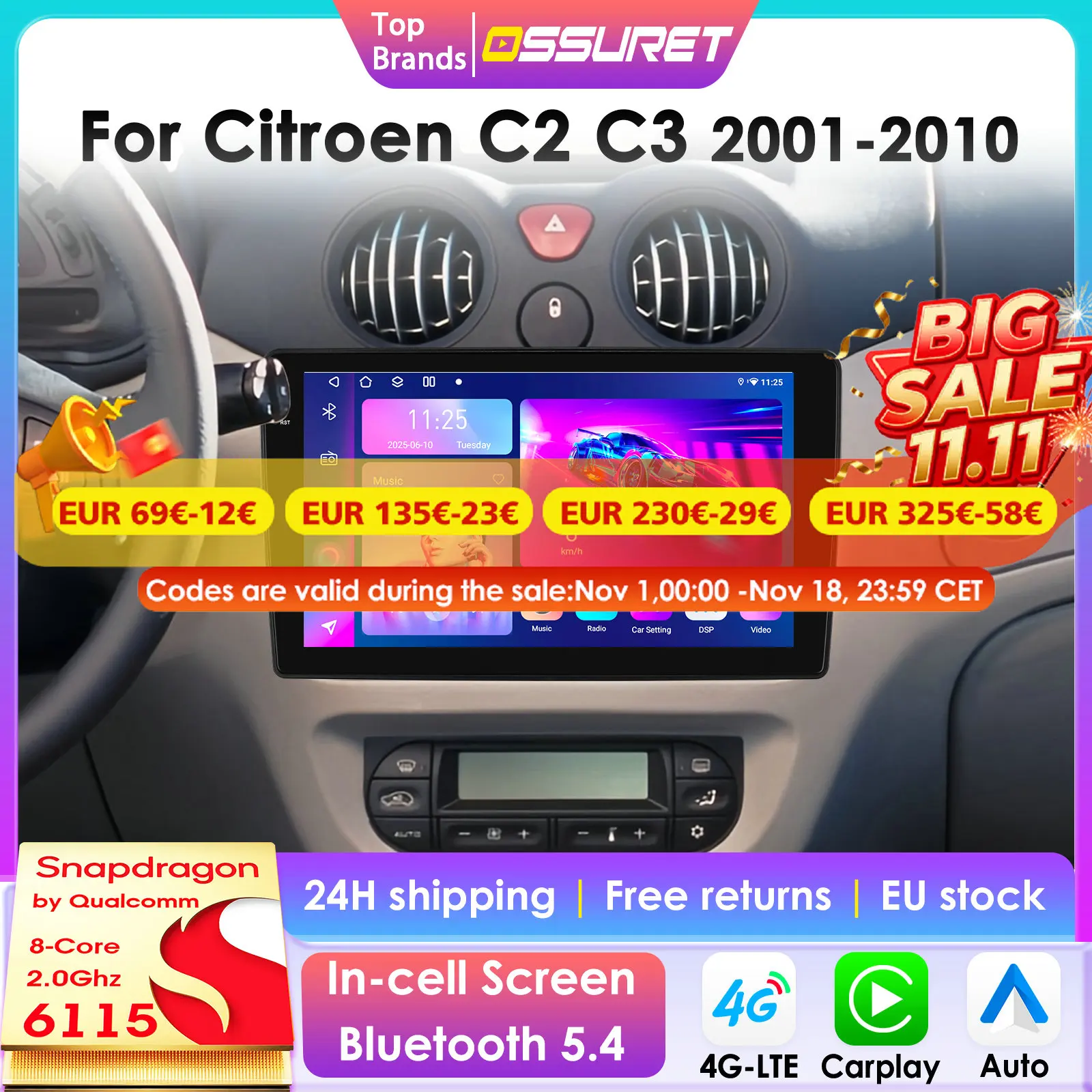 Autoradio Android 14 con processore Snapdragon 6115, compatibile con Citroen C2 e C3 (2001-2010), dotata di CarPlay wireless, Android Auto, 4G, Bluetooth, GPS, DSP e telecamera a 360°.