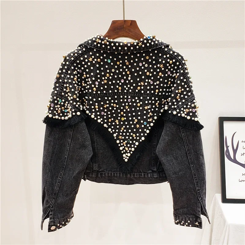 2024 New Mujer Spring Autumn Streetwear Denim Jacket Women Hand-studded Pearls Punk Tassel Veste Femme Loose Short Jeans Coats
