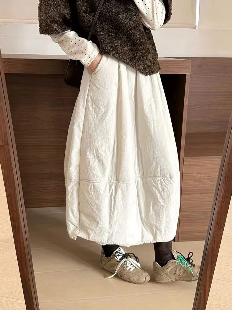 

Women's Autumn Winter Korean Style Cotton Padded Thick Warm Skirt Lady Solid Color Elastic Waist A Line Bud Long Skirt