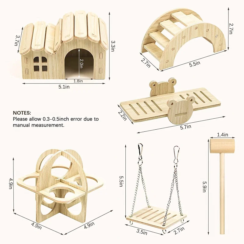 Pet Hamsters House DIY Wooden Gerbil Hideout Bridge Swing and Chinchilla Seesaw Pet Sport Exercise Toys Set  Cage Accessories