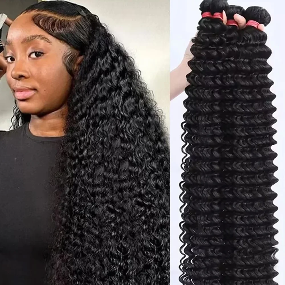 Deep Wave Bundles Brazilian Hair Natural Color Bundles 34 36 38 40 inch Long Hair Extension 1/3/4 PCS Thick Remy Human Hair