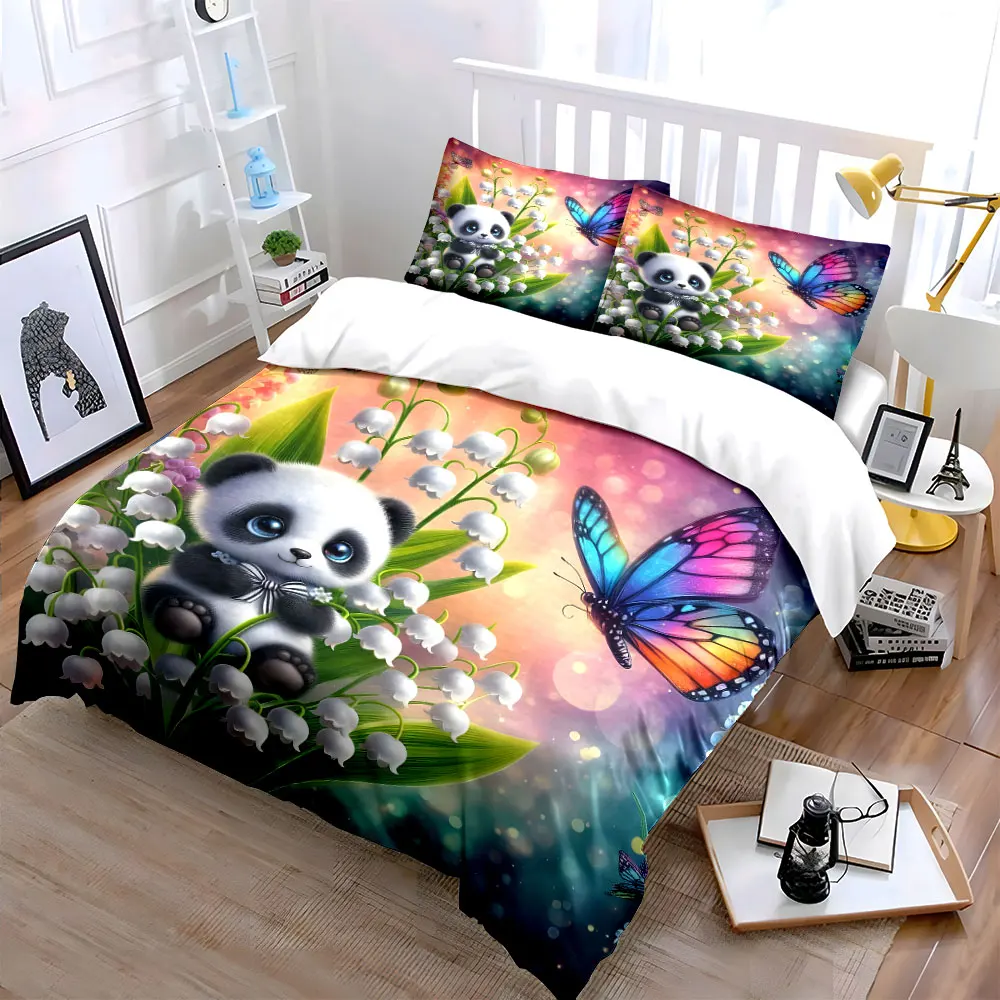 Cute panda with colorful butterflies Bedding Set for Kids Luxury Gift 3pcs Digital Print Comforter Set Soft Comfortable