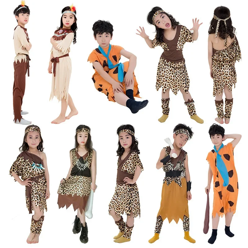 Indianen Outfit Primitieve Mensen Halloween Kostuums Voor Jongen Gilr Kinderen Familie Kleding Performance Show Fancy Party