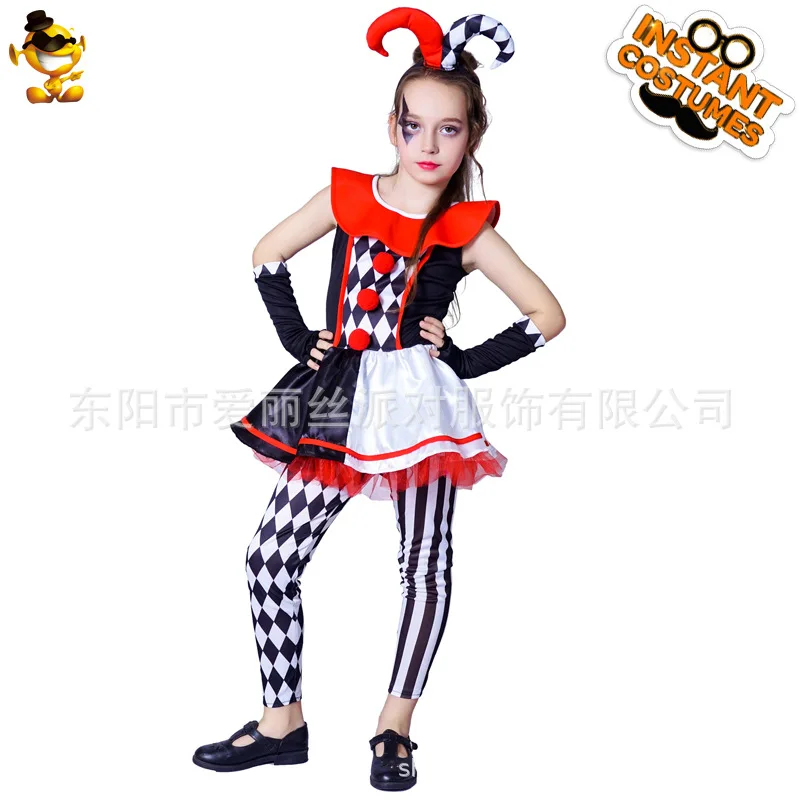 Kinderen Meisje Plaid Clown Halloween Kostuum Demon Cowl Rok Prestaties Kostuum Cowl Hoofdtooi Top Broek Cosplay Feestjurken