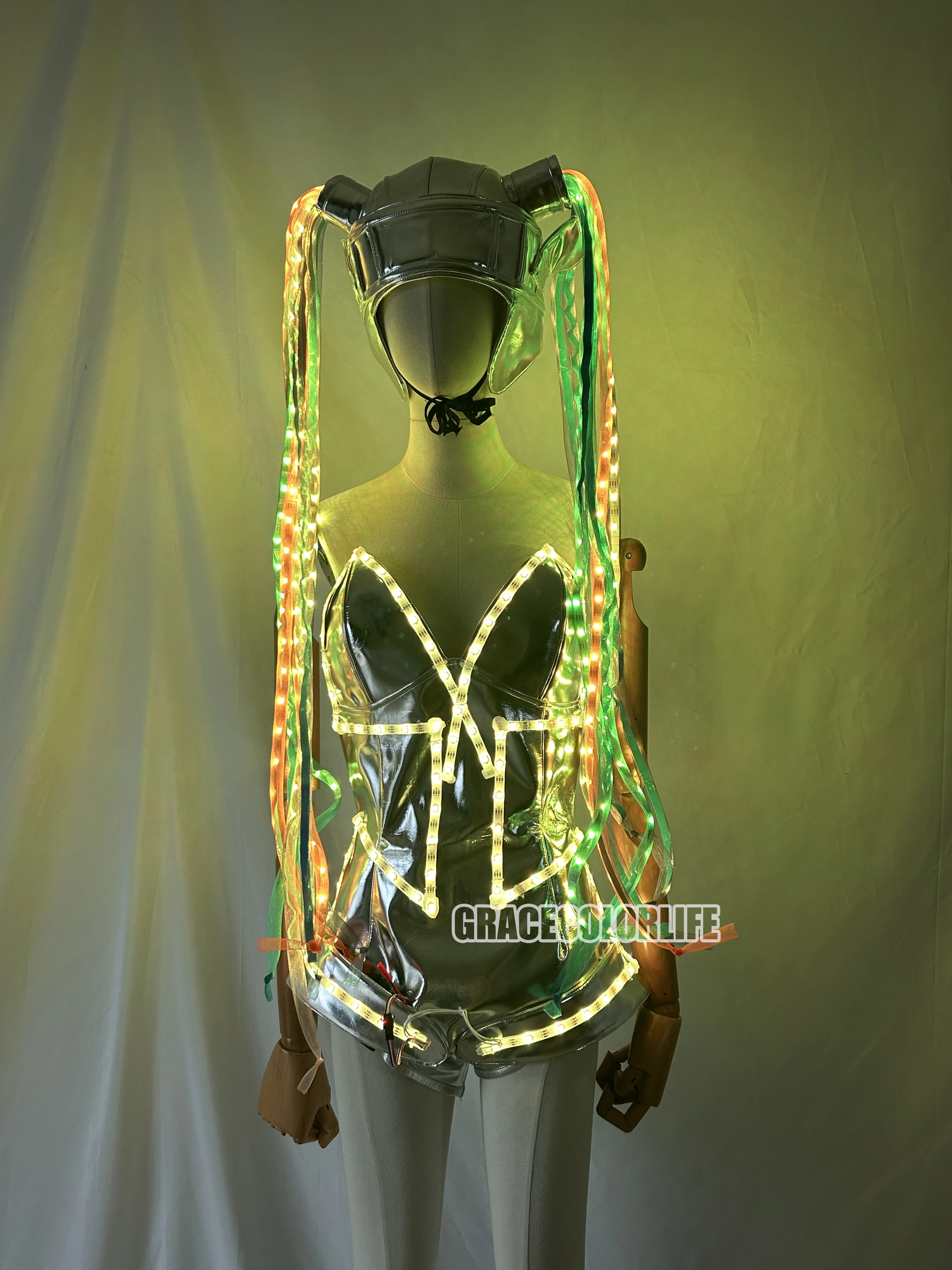 كامل اللون LED بذلة المرأة زي الخيال مضيئة الضفائر الطويلة حفلة تنكرية المرحلة DS أداء الملابس بار DJ ازياء