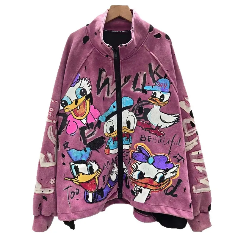 유럽 2025 가을 에디션 루즈핏 중대형 컬러 패치워크 만화 패턴 야구 재킷