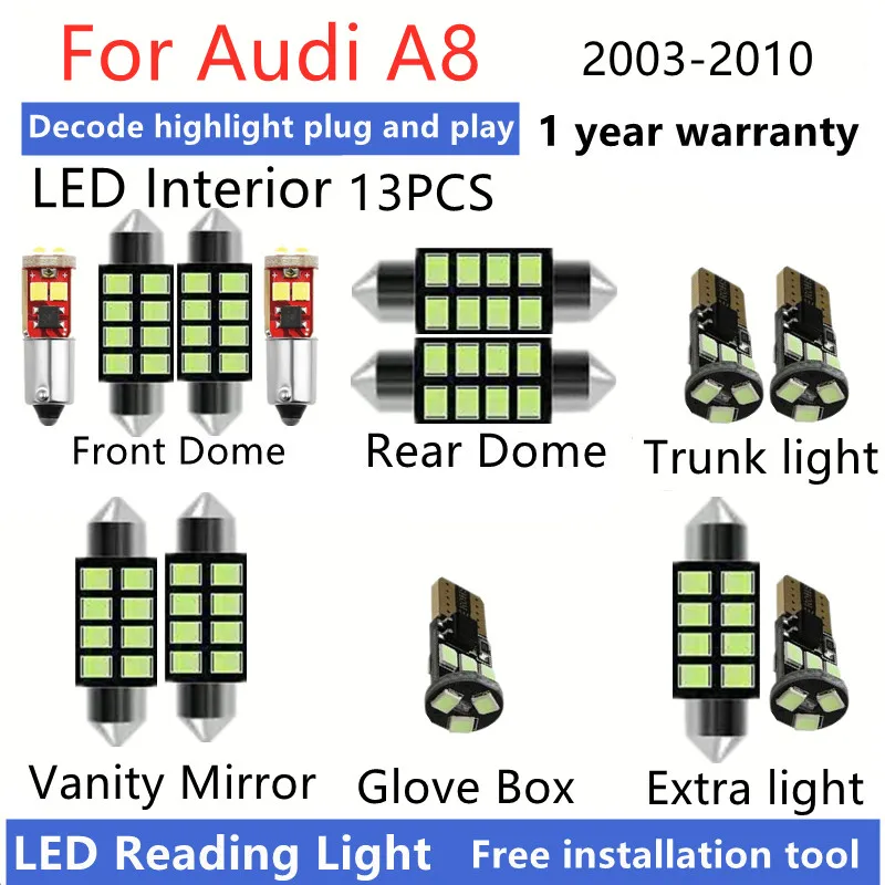 For Audi A8 D3 2003 2004 05 06 07 2008 2009 2010 LED Interior Light Bulb Kit Canbus Car Reading Dome Trunk Vehicle Lamp No Error