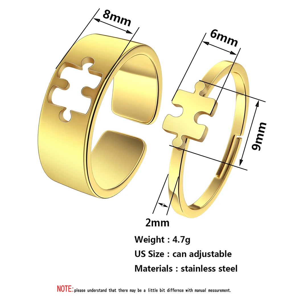 Kinitial Stainless Steel Puzzle Promise Ring For Couple Jigsaw Jewelry His and Her Matching Ring Can Adjustable Ring