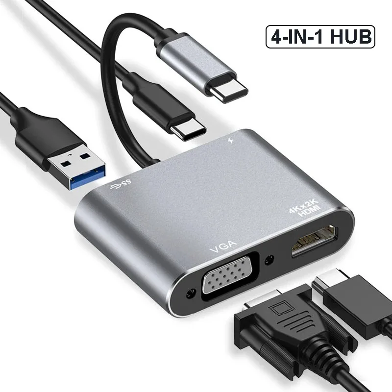 

4 in 1 USB Hub USB C To VGA TypeC Adapter Thunderbolt 3 Multiport With 4K 1080P Video Fast Charging Port