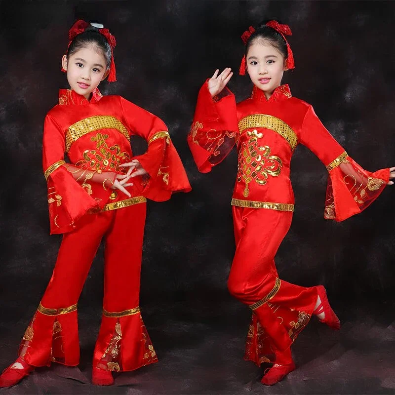 Ropa de baile Yangko para niños, traje de rendimiento de baile nacional chino, traje de baile elegante para fanáticos, tela de baile de tambor de cintura clásica