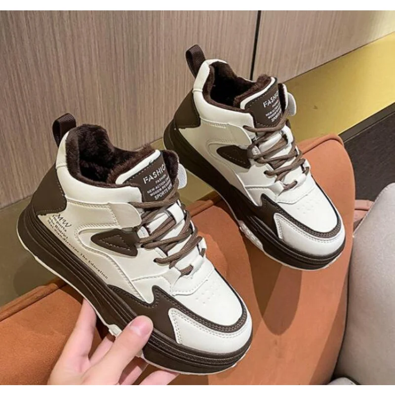 Autumn and Winter New Cashmere Warm High Top Shoes Female Thick Soles Sports Leisure Board Shoes All Match Shoes