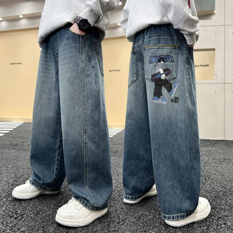 

2025 Autumn New Fashion Wide Leg Jeans Pockets Cartoon Pattern Print Design Personality Comfortable Casual Pants