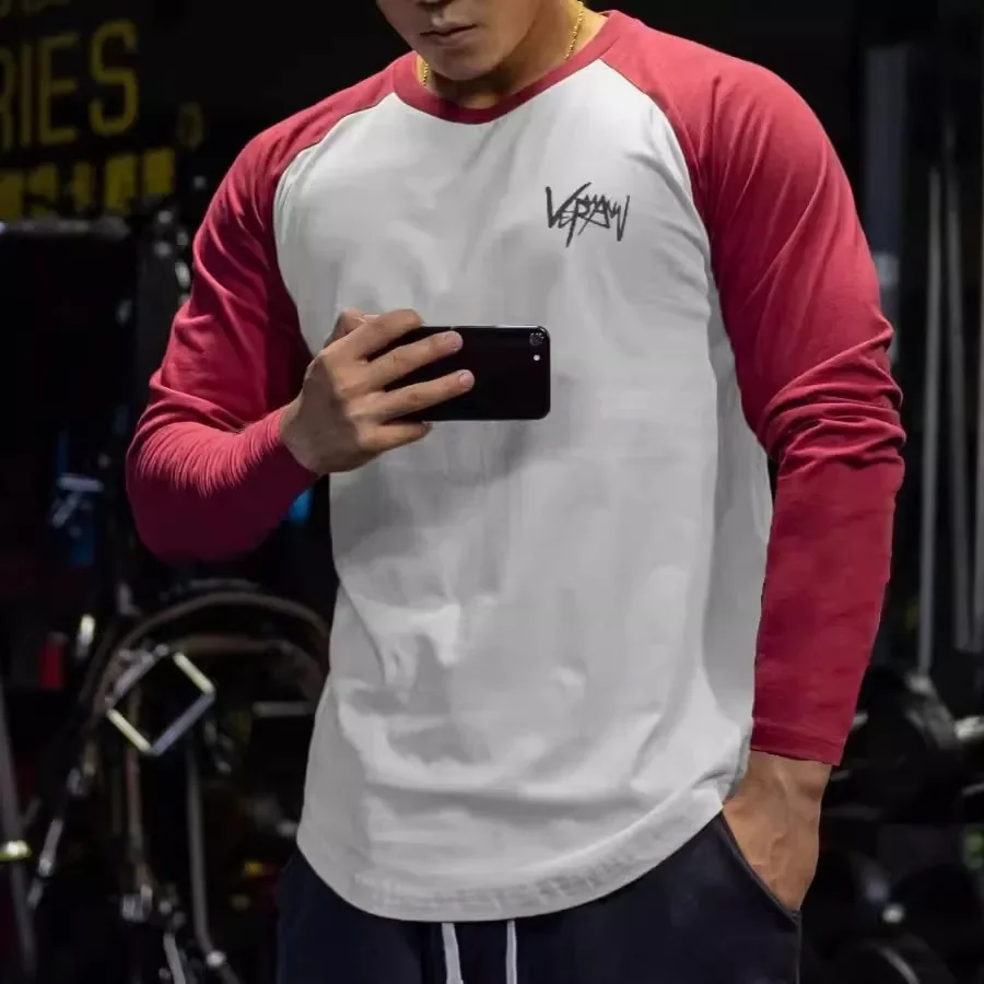 Bawełniana koszulka męska koszula patchworkowa z długim rękawem kulturystyka zaokrąglona krawędź trening Fitness T-shirt mężczyźni wiosna jesień