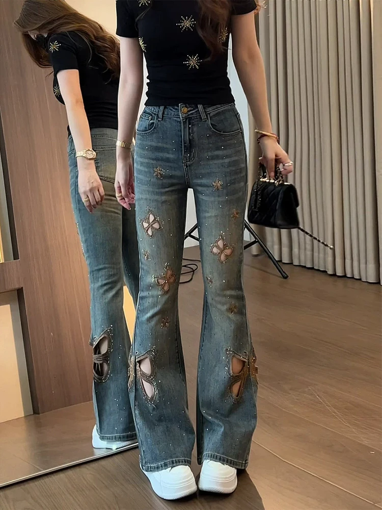 

Blue Hollow Embroidery High Waist Denim Flared Pants Women Summer Sexy Slimming Versatile Flared Jeans Casual Style