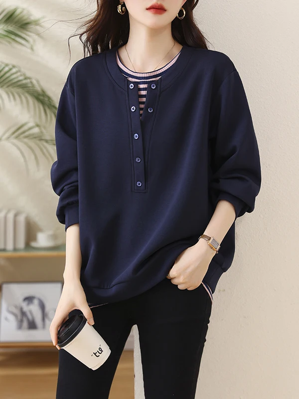 Casual Stripe Patchwork Loose Long Sve round Ne Sweatirt plus Size Women's Faion Autumn New Sle Versatile Top