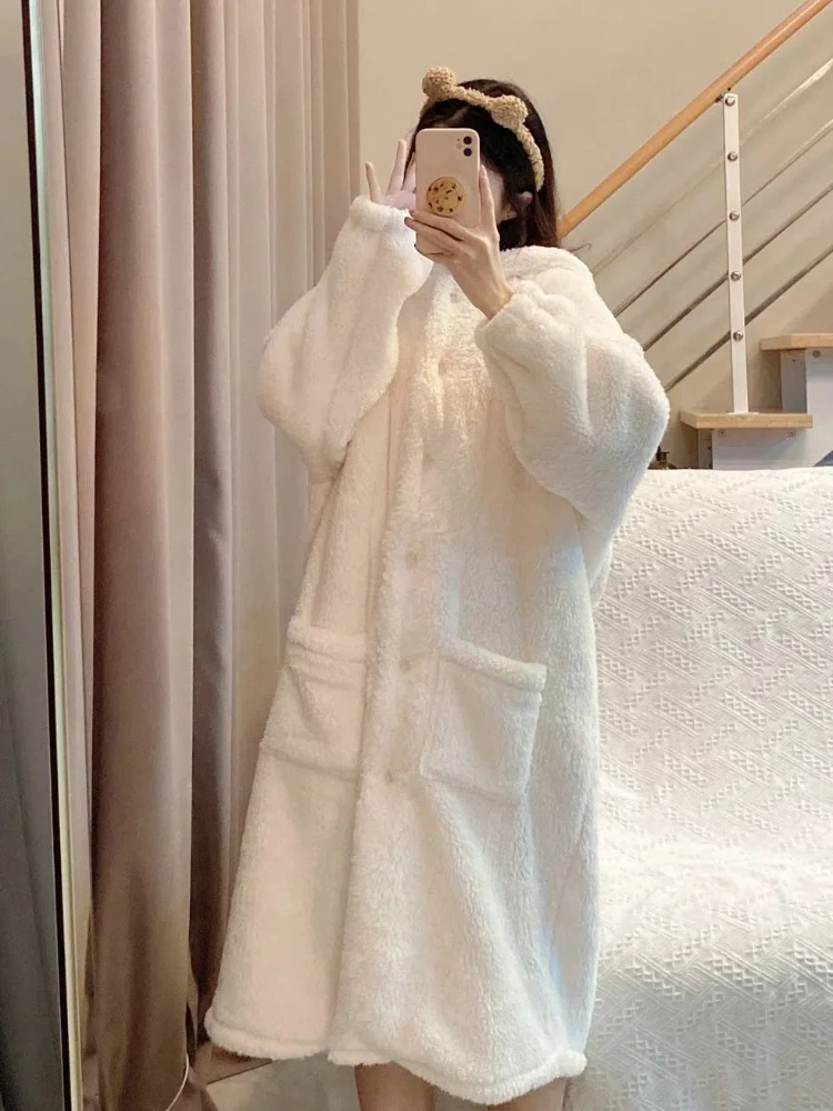 Hooded Robes Women Baggy Sweet Furry Kawaii Plus-velvet Designed Girlish Home Lounge Students Dormitory Sleepwear Pockets Trendy