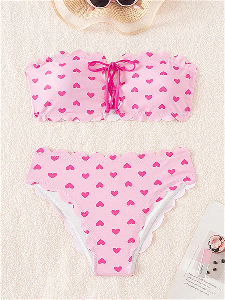 

Bikini Women Swimsuit 2025 New Red Heart Print Bandeau Bikinis Set Sexy High Waist Swimwear Summer Beachwear Bathing Suit Female