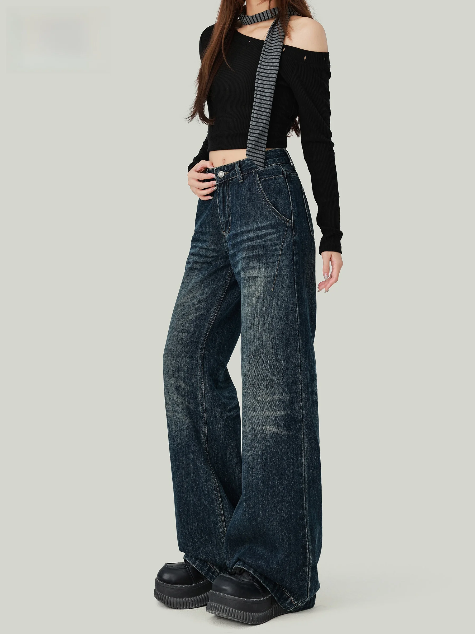 

High Waist Straight Leg Jeans Women's Loose Fit Slimming Lazy Style Wide Leg Floor Length Pants Retro Wash Casual Style