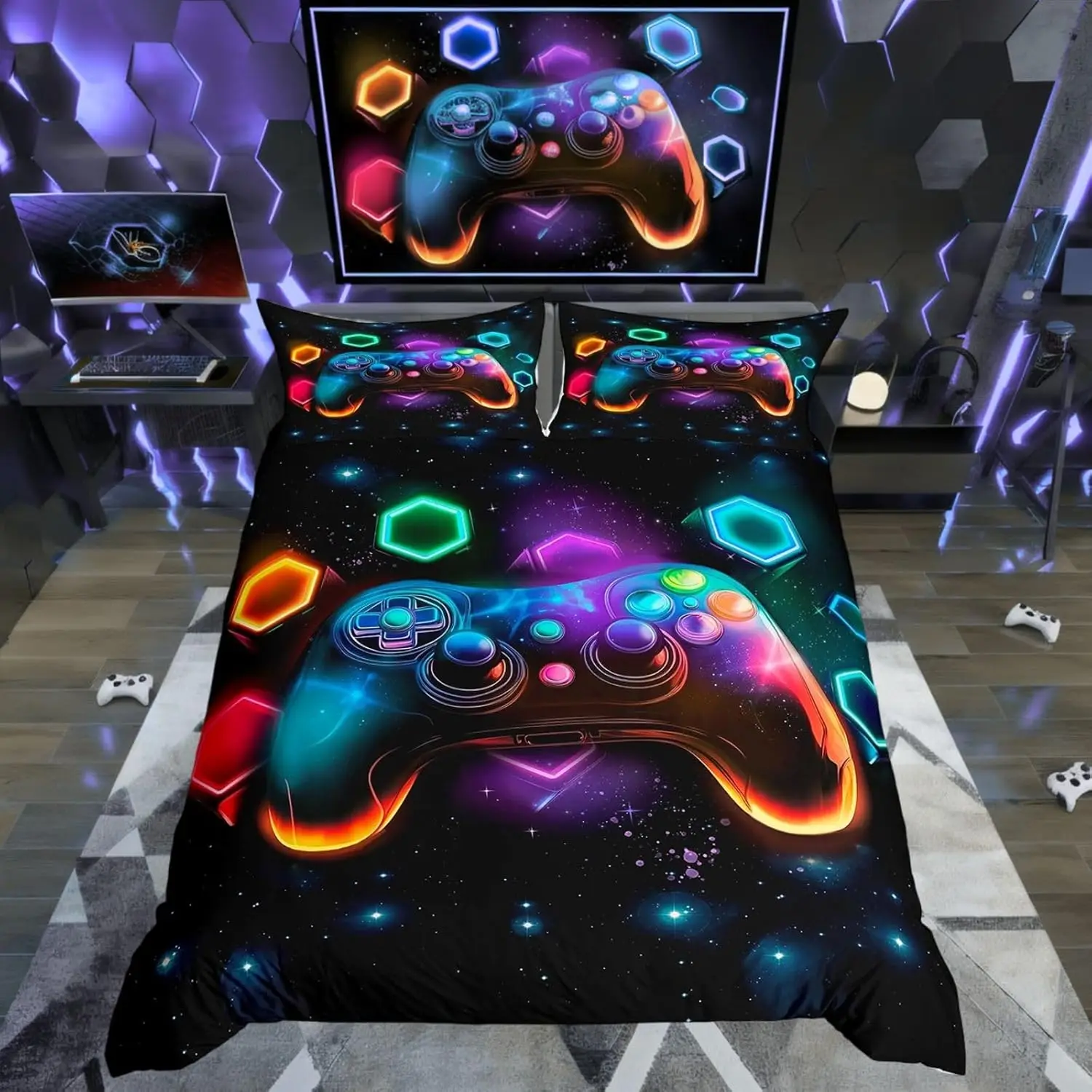 Gaming Double Duvet Cover Set Reversible Colorful Gamer Gamepad Bedding Set With 2 Pillowcases For Boys Girls Teens