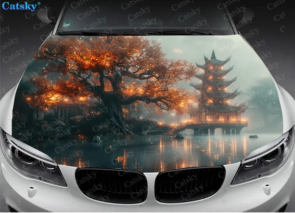 Pagoda with Landscape Car Hood Vinyl Stickers Wrap Vinyl Film Engine Cover Decals Sticker Car Hood Protective Film