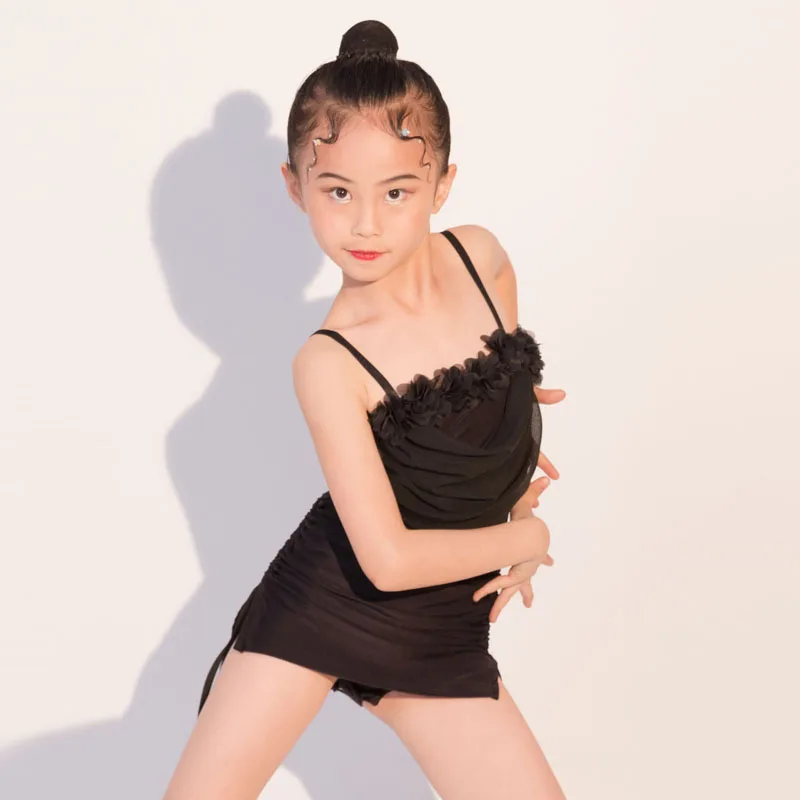 Children's Latin Dance Suit Advanced Sense Set New 2023 Summer Girls' Black Strap Practice Dance Suit