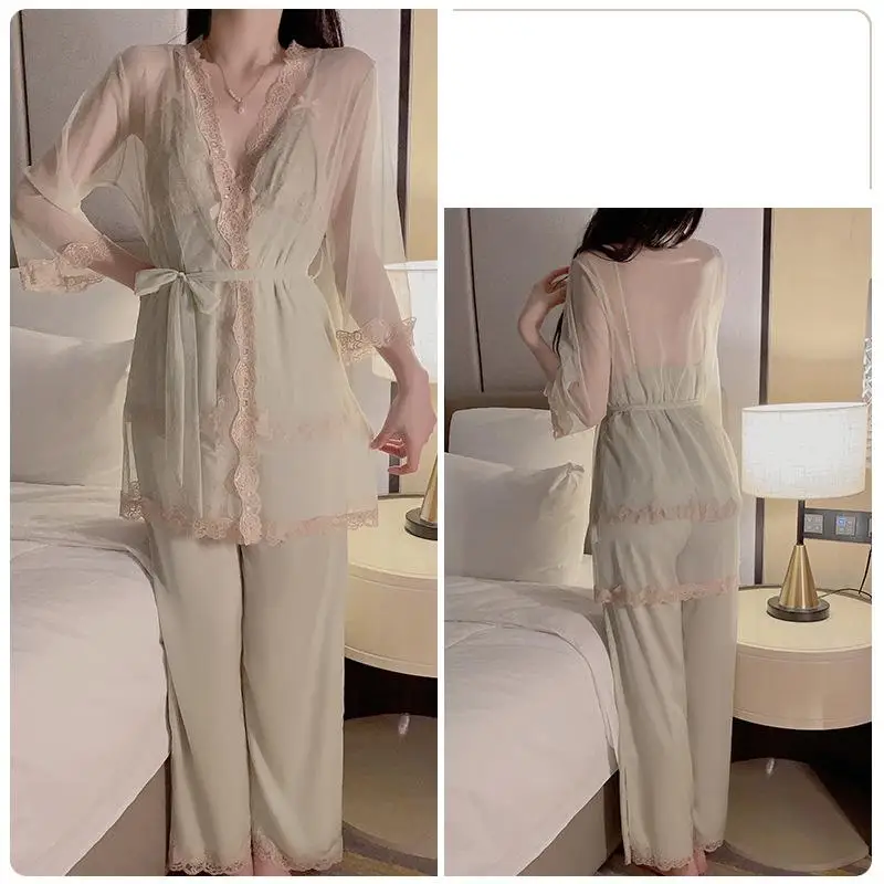 3PCS Sweet Mesh Lace Pajamas Sets With Bra Suspender Top&Trousers&Robe Home Clothes Summer Women Sleepwear Sexy Sleep Suit