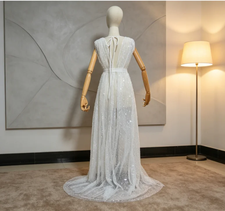 Black white Sequin Evening Gown for Women Deep V Neck Tulle Cape Long Formal Dress Prom Party Dress color