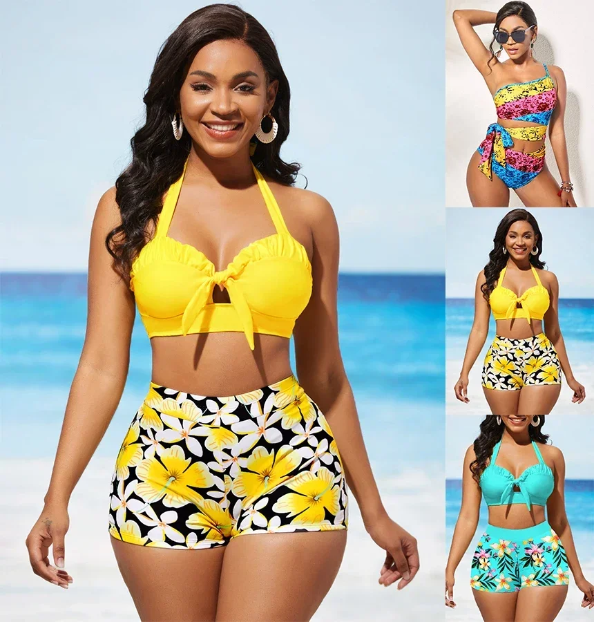 

New Summer High Quality Eggflower Print Two Piece Swimsuit Design Sexy Women's Lace Up Beach Swimsuit S-5XL