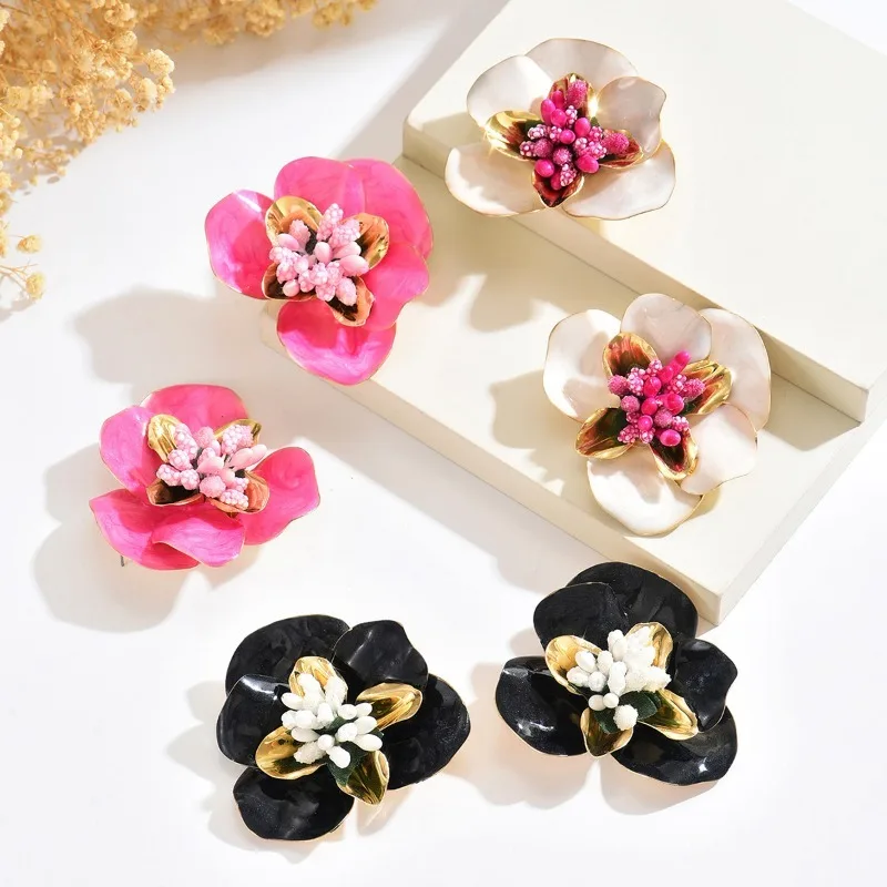 Chunky Enamel Flower Earrings 3d Petal Charm Crystal Stamen And Gold Edge Statement Jewelry Gift For Women