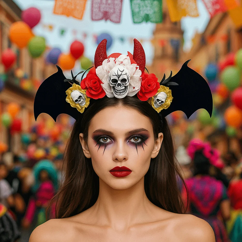 Gothic Skull Head Hair Hoop Simulation Flowers Dark Halloween Skull Headband Decor Headdress Day of The Dead Hairband Party