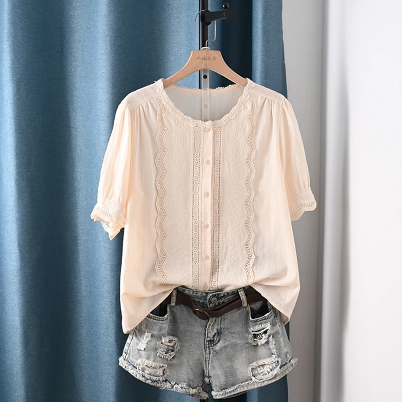

Japanese Sweet Mori Girl Lace Patchwork 100% Cotton Shirts Women Summer Solid Color O-Neck Short Sleeve Casual Loose Blouse Tops