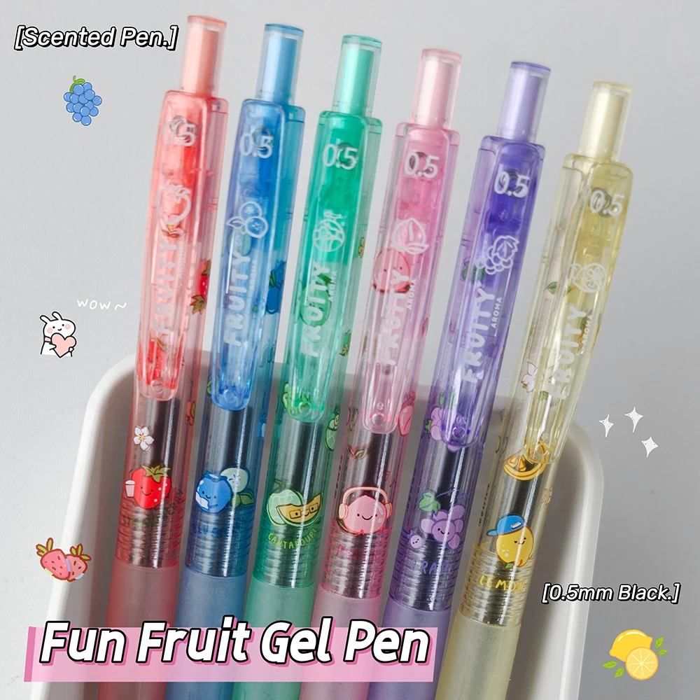 6 Pcs Scented Gel Pen Set 0.5mm Fun Fruit Quick Dry Pen Cute Cartoon Black Writing Pens For Study And Office Use