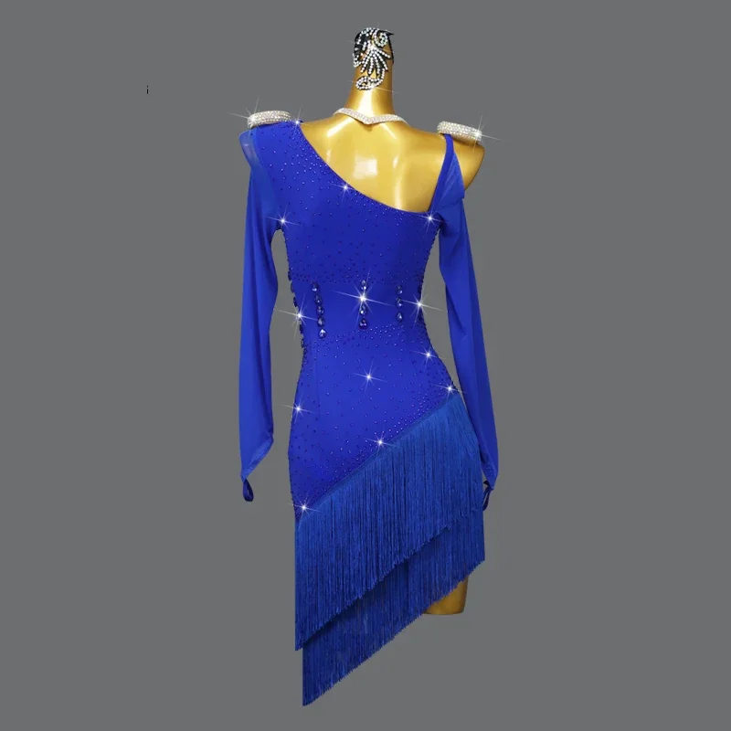 Nieuwe Blauwe Vrouwen Ballroom Latin Dance Dress Girl Line Kleding Dancewear Party Suit Sexy Rok Wedstrijd Kostuum Podium Prom Samba