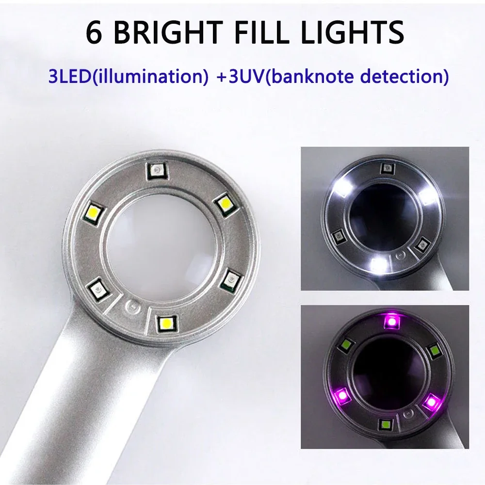 Handheld 10X Magnifying Glass With 3 Light Illuminated 3 UV Magnifier For Seniors Reading Inspection Coins Jewelry Exploring