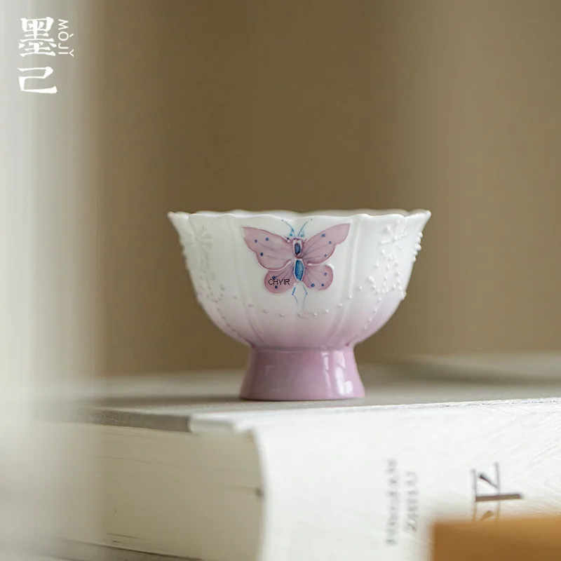 

Jade Clay Hand-painted Gradient Purple Pearl Curtain Butterfly High-foot Small Tea Cup Kung Fu Tea Set Household Ceramic