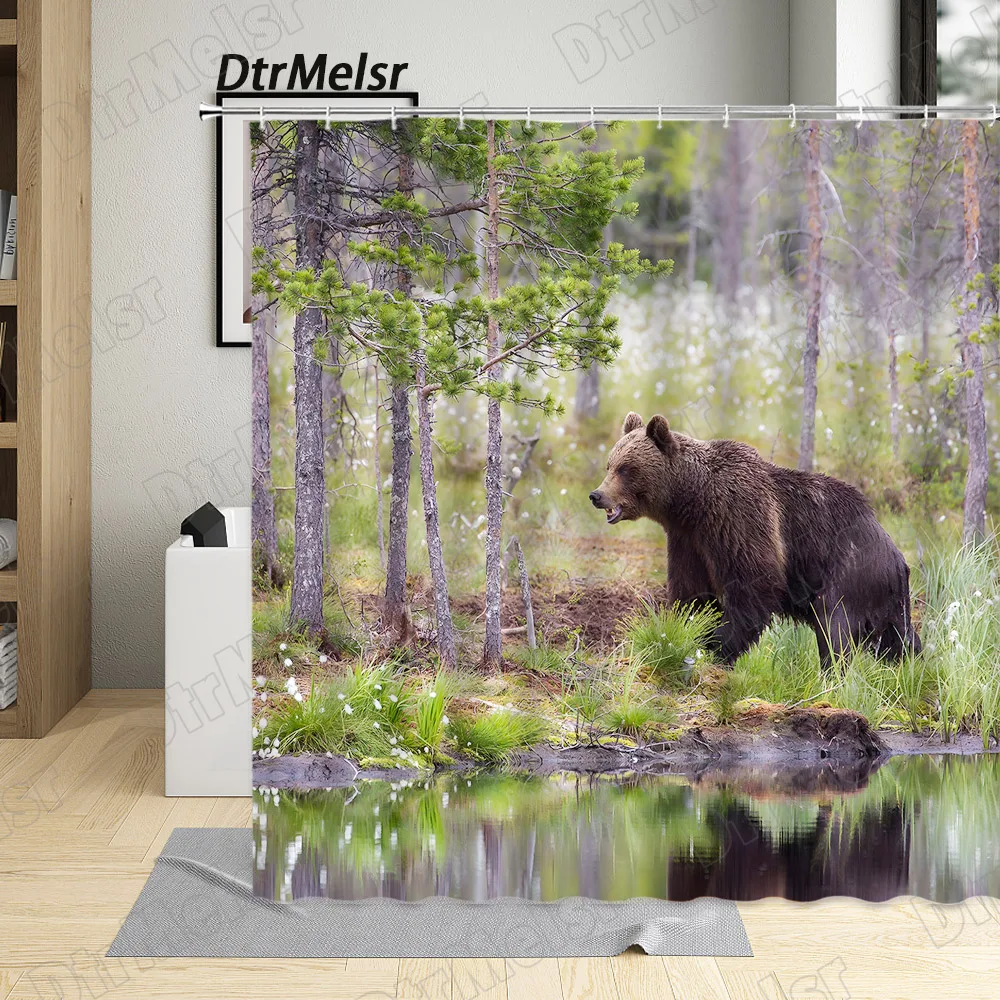 Wild Brown Bear Shower Curtains Funny Animals Autumn Rural Forest Landscape Bath Curtain Modern Fabric Home Bathroom Decor Set