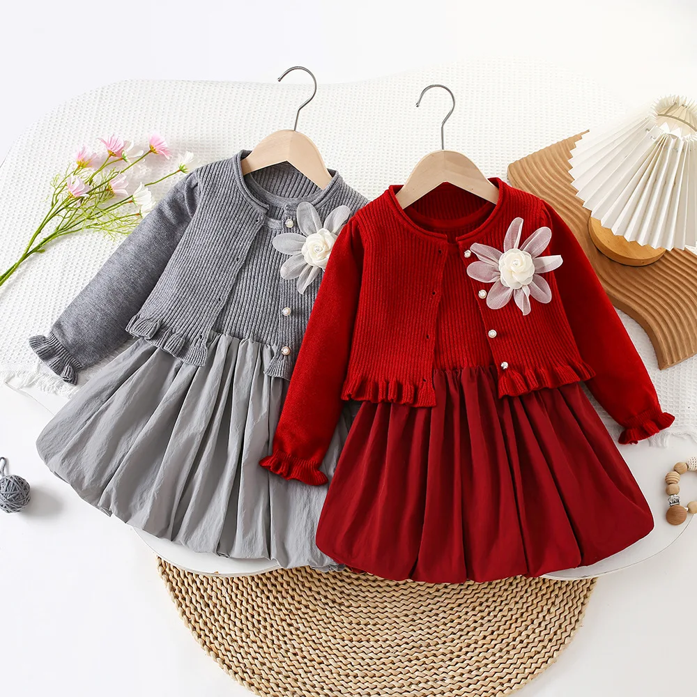 

Girls Knitted Dresses Autumn Winter Children Woolen Jersey Sweaters Coats Vest Dress 2pcs Princess Clothes For Baby Outfits Kids