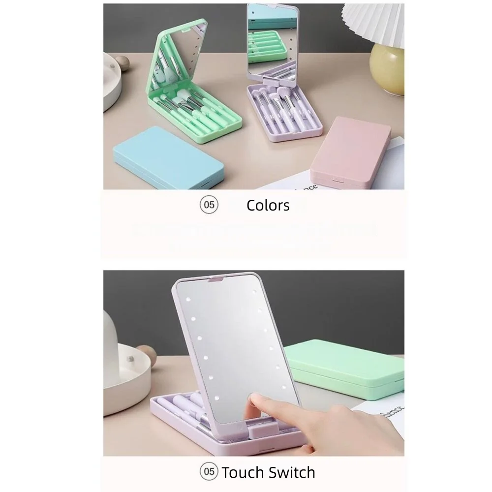 แปรงแต่งหน้าแบบพกพาพร้อมกระจกหมุนได้ ไฟ LED ปรับความสว่างได้ ชาร์จผ่าน USB ชุดแปรงแต่งหน้าพร้อมกระจกพับได้