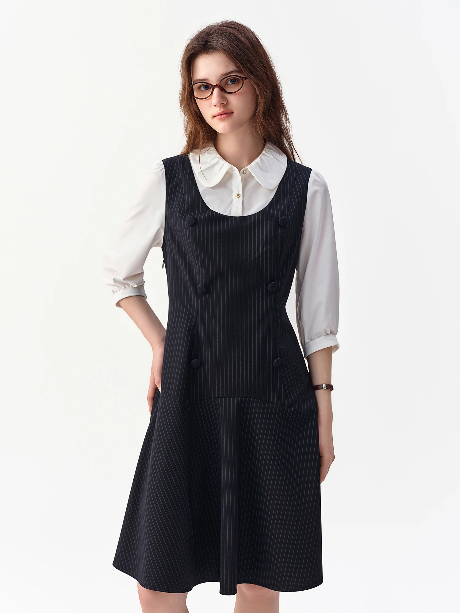 DUSHU 2026 Fall Women's Chic Preppy Faux Two-Piece Long Sleeve A-Line Dress with Waist-Defining Fit for Daily and Office Wear