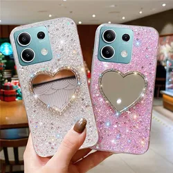 Luxury Diamond Heart Mirror Case For Xiaomi Redmi Note 13 12 11 11S 10 10S 9 9S 8 Pro Plus 4G 5G Silicone Sequin Glitter Cover