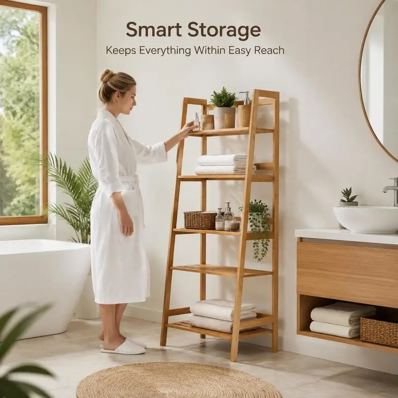 Étagère échelle en bambou 4 étagères, bibliothèque style naturel 48L x 31.5L x 120H cm